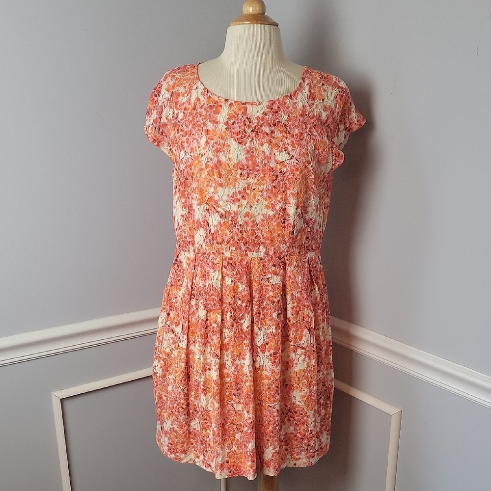 MADEWELL Orange Red Floral Eyelet Short Sleeve Pleated Boho‎ Preppy Dress 10